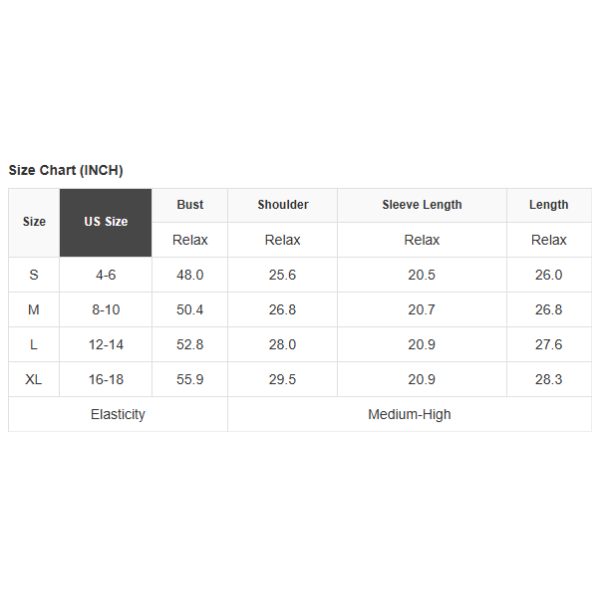 Size chart for clothing measurements in inches and US sizes.