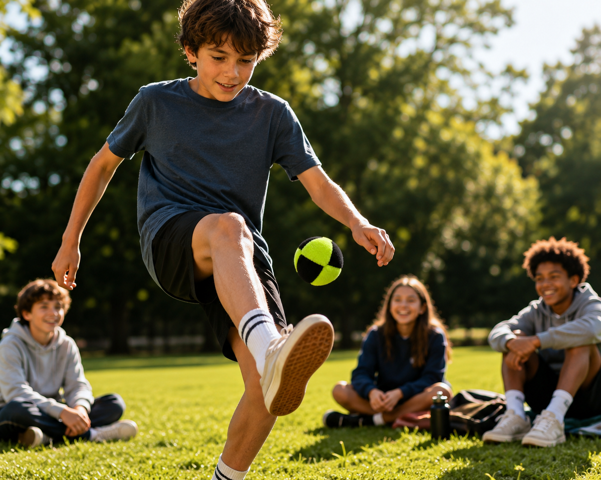 A boy in a navy blue t-shirt and black shorts kicks a green and yellow soccer ball on a sunny grassy park field, with three other children sitting in the background.
