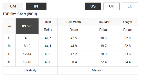 Size chart for clothing measurements in inches with US, UK, and EU options.