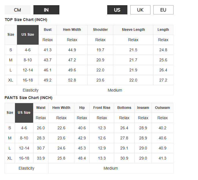Size chart table showing measurements in centimeters and inches for top and pants sizing, with columns for size, US size, bust, hem width, shoulder, sleeve length, length, and waist, hip, front rise, bottoms, inseam, and outseam.