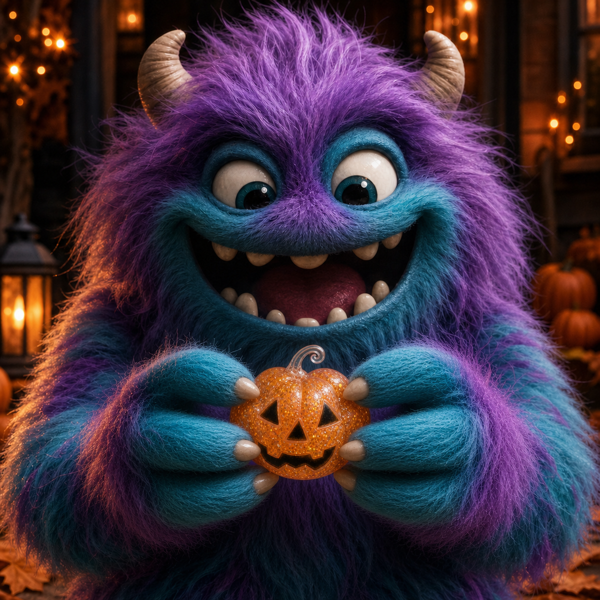 A close-up of a furry monster character with purple and blue fur, small cream horns, and a wide toothy grin, holding a small orange jack-o'-lantern in a warm, Halloween-themed setting.