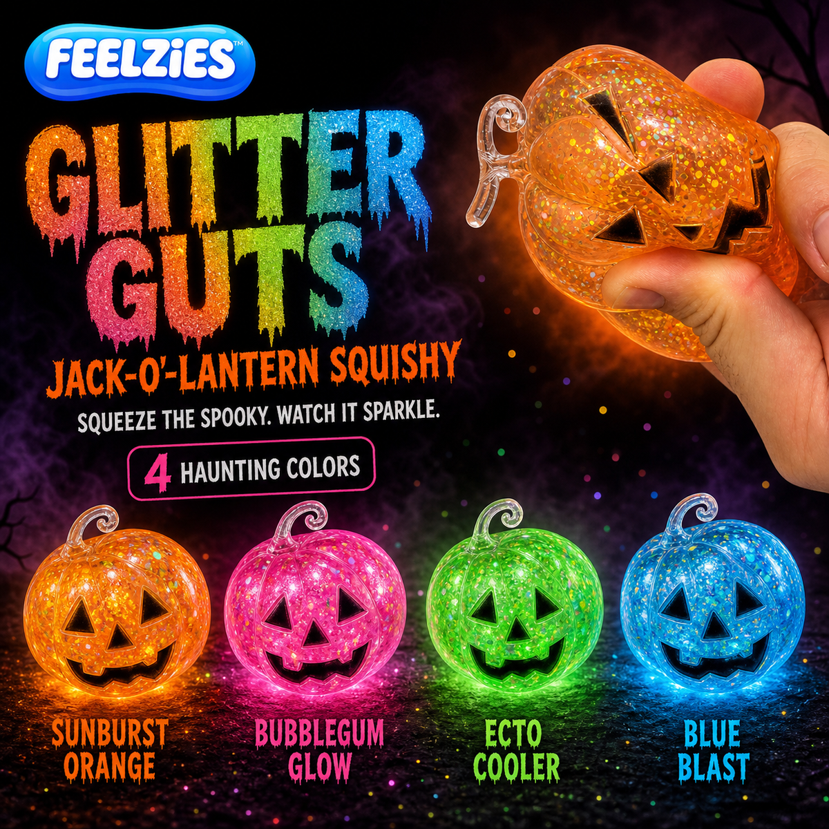 A hand holds a glittery jack-o'-lantern squishy toy glowing orange against a dark spooky background. The image includes the brand logo 'FEELZIES', large 'GLITTER GUTS' text, product description, and four color variants labeled 'Sunburst Orange', 'Bubblegum Glow' (pink), 'Ecto Cooler' (green), and 'Blue Blast' (blue).