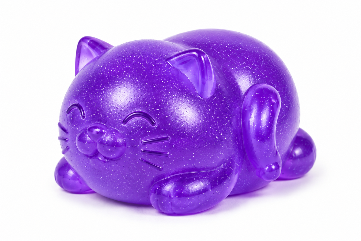 A purple glittery cat squishy shaped like a sleeping cat, shown on a plain white background.