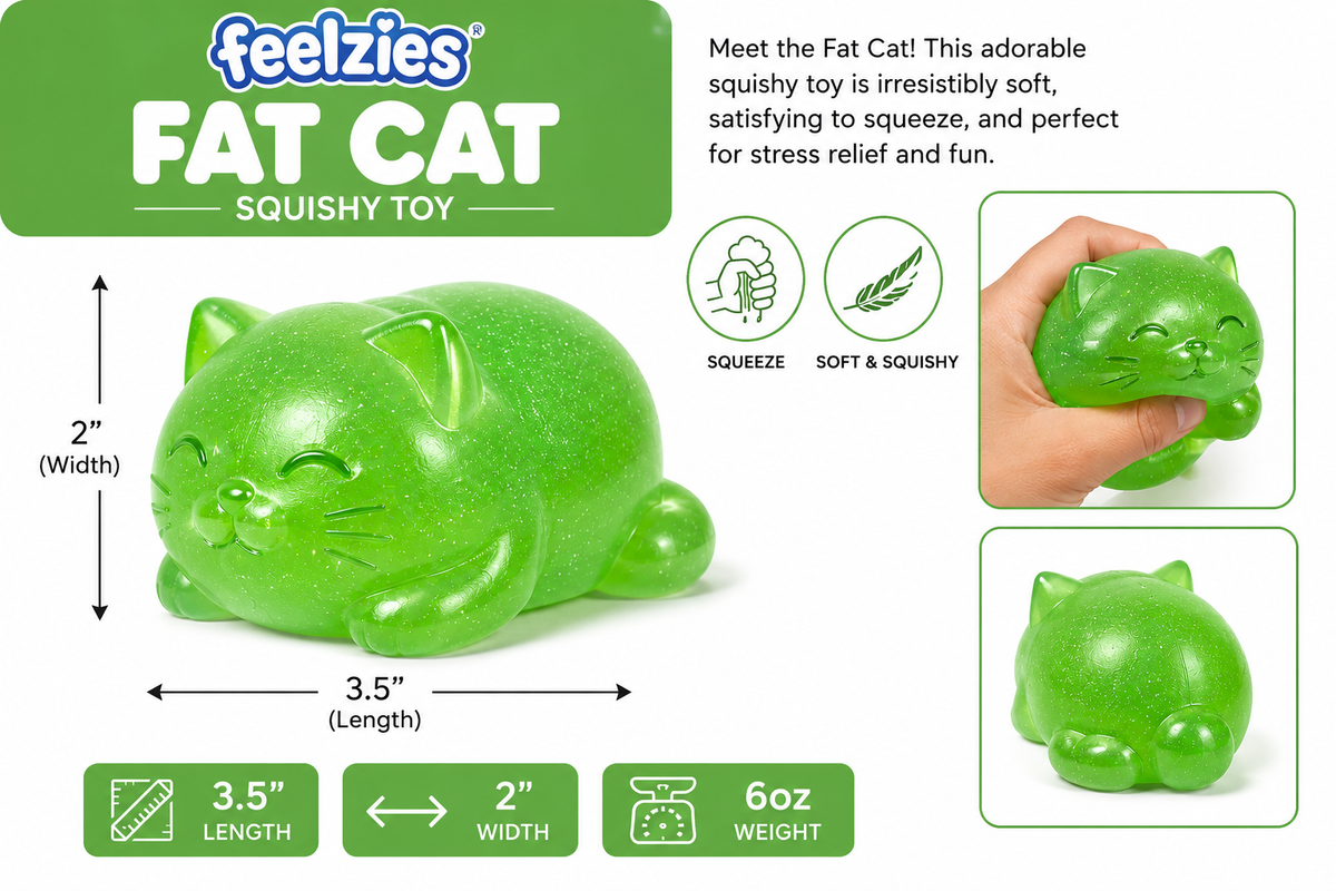 Green glittery 'Feelzies Fat Cat' squishy toy shown on a white background with product dimensions, weight, texture icons, and inset photos of the cat-shaped toy being squeezed by a hand.