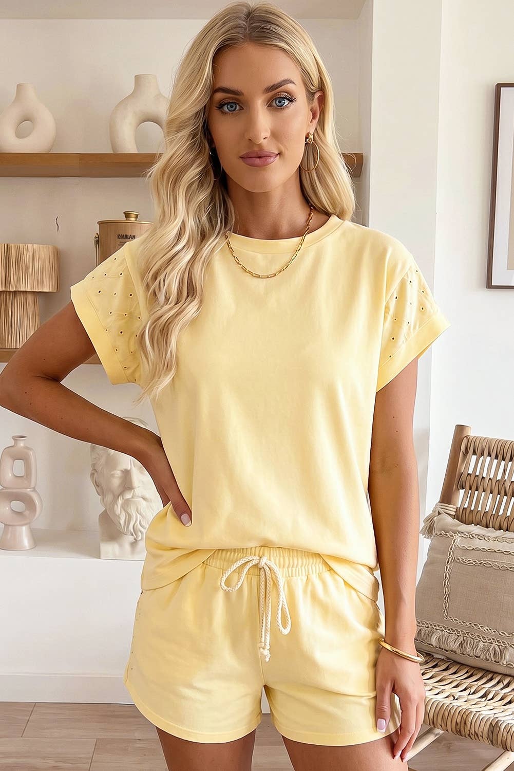 Woman wearing a yellow outfit in a home setting