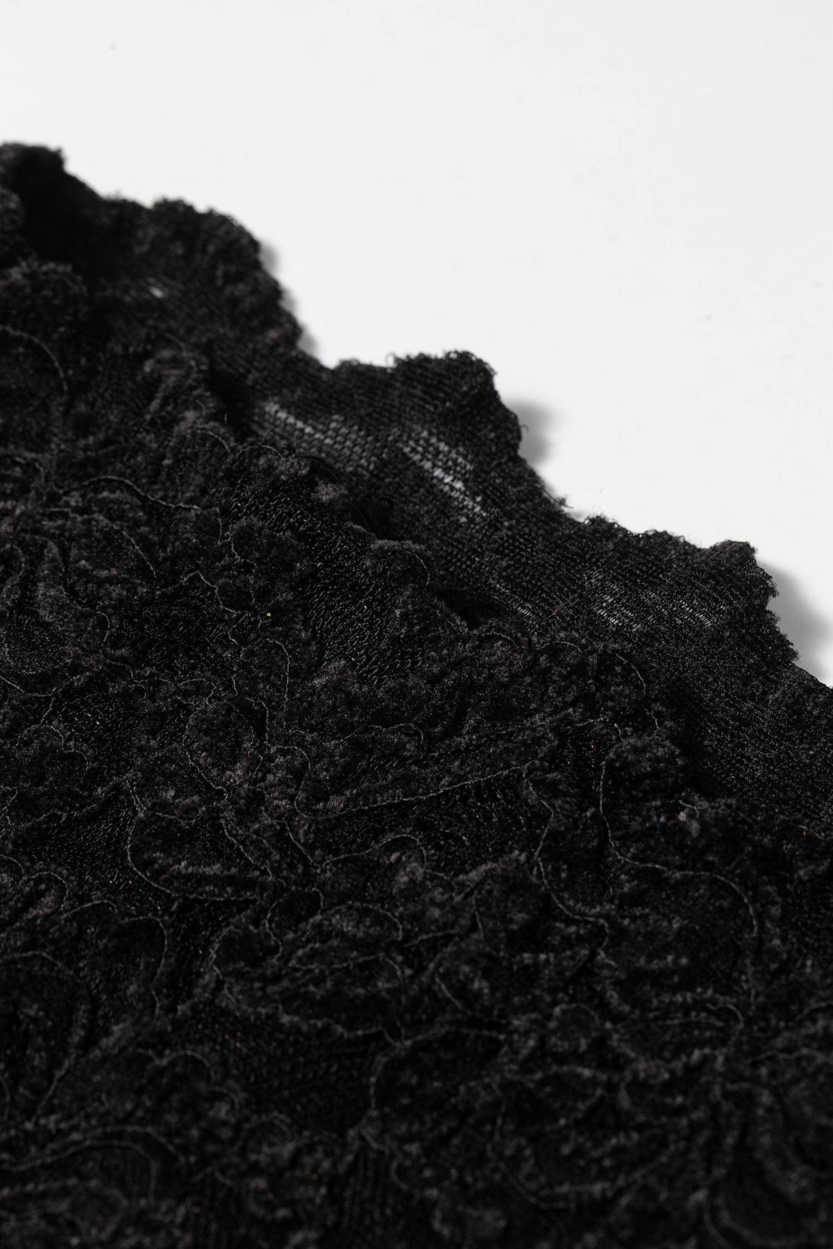 Close-up of black lace fabric with floral embroidery and mesh texture against a plain white background.