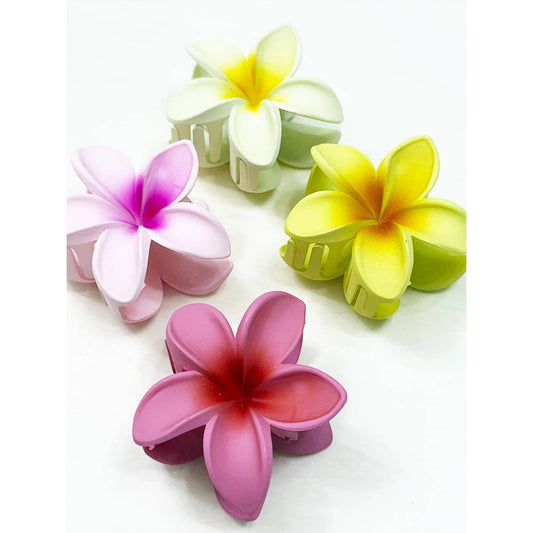 Colorful flower-shaped hair clips on a white background