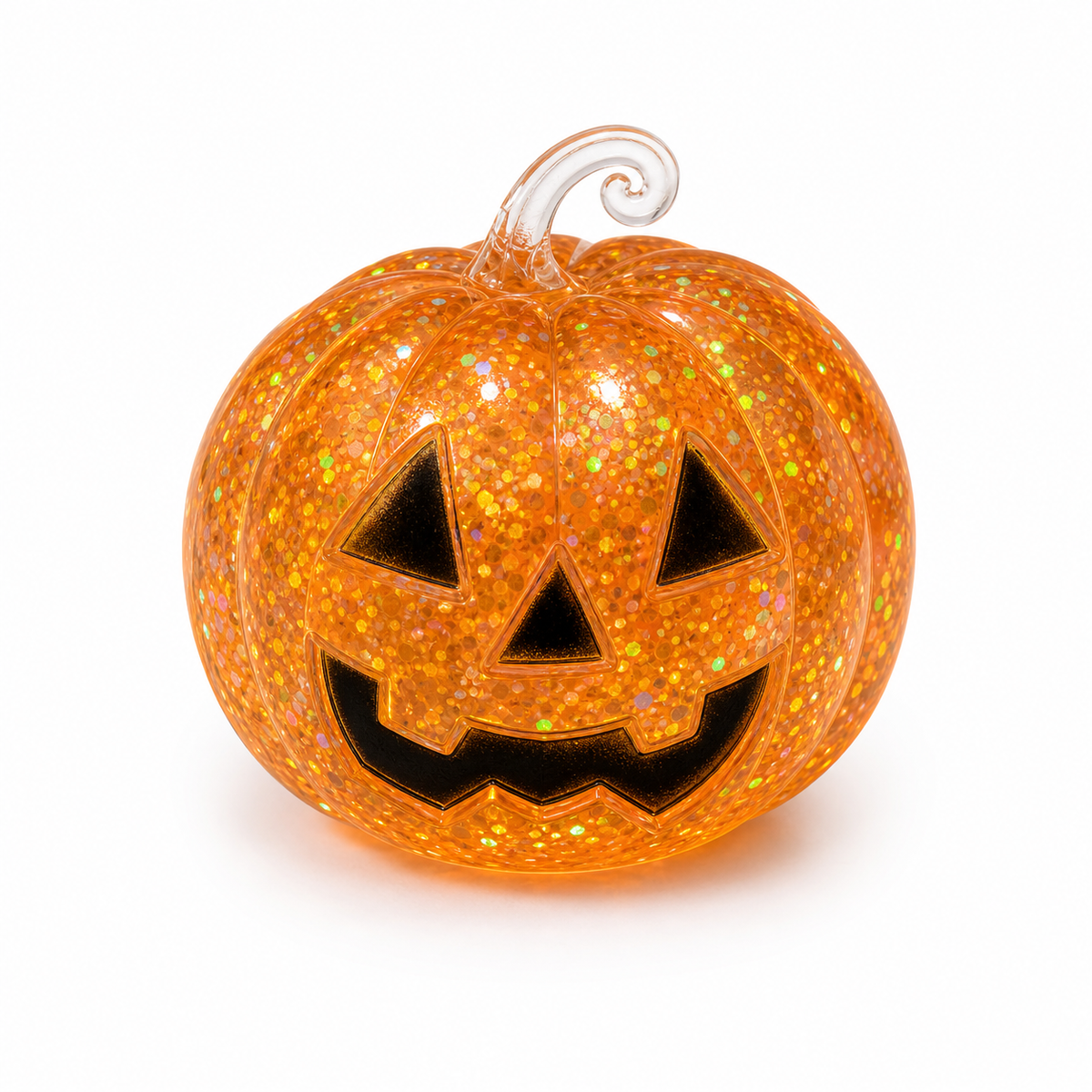 An orange glitter jack-o'-lantern pumpkin ornament with a clear stem, shown on a clean white background.