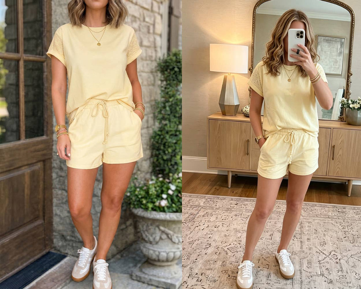 Woman wearing a yellow outfit in two different settings.