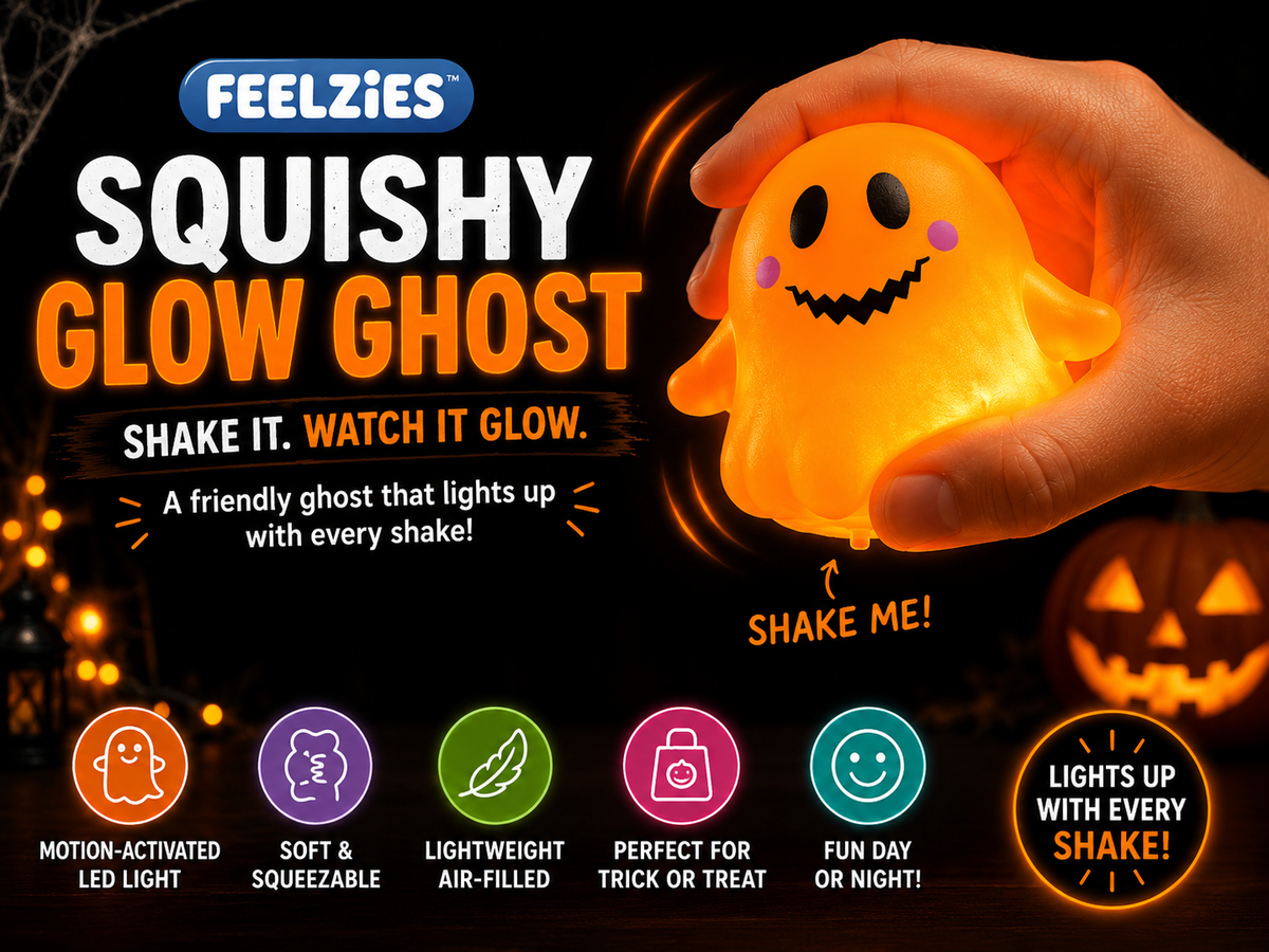 A hand holds a glowing orange squishy ghost toy against a black Halloween-themed background with promotional text, feature icons, and a jack-o'-lantern graphic. The product is labeled FeelZies Squishy Glow Ghost.