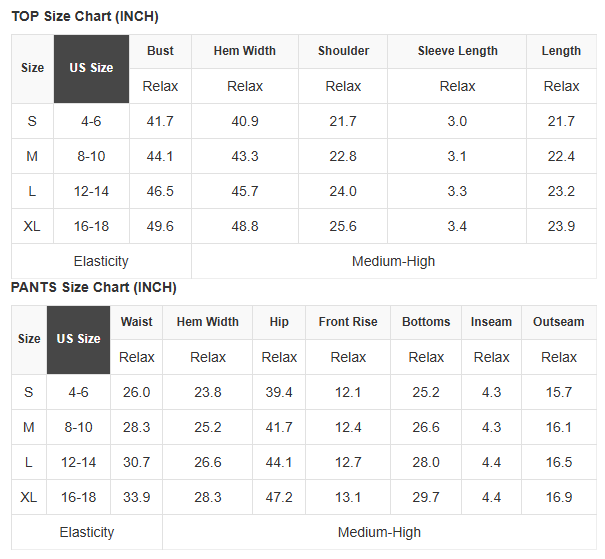 Size chart for shirts and pants with measurements in inches.