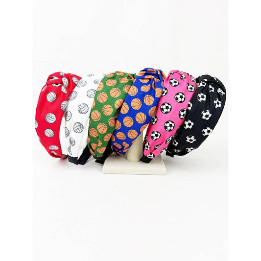 Set of sports headbands, volleyball, basketball, and soccer prints on a white background