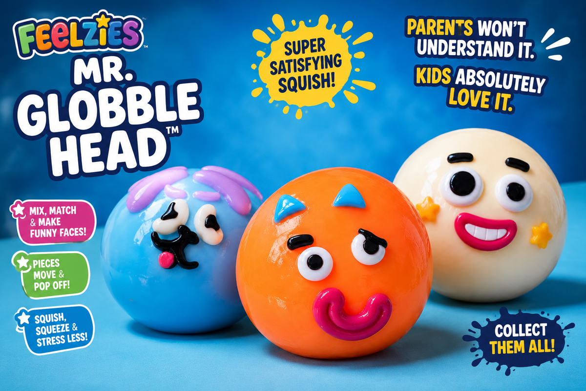 Three colorful squish balls with faces on a blue background, featuring promotional text about the product.