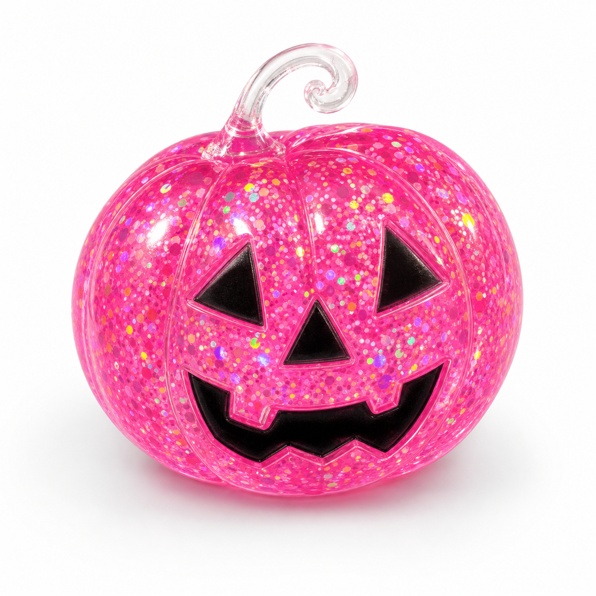 A pink glitter jack-o'-lantern pumpkin decoration with a clear plastic stem, shown on a plain white background.