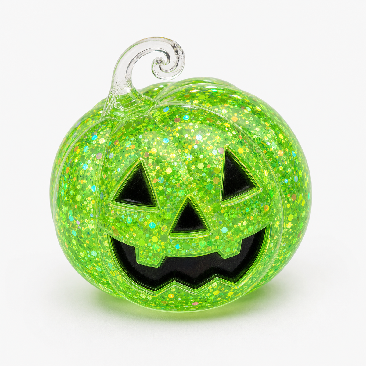 A small jack-o'-lantern decoration made from translucent green glitter resin with a clear curled stem, shown on a plain white background.