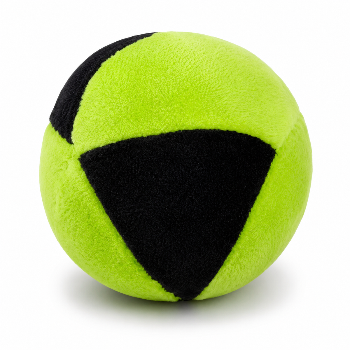 A plush ball toy in bright lime green with black triangular panels, photographed on a clean white background.