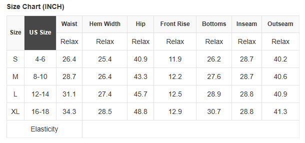 A size chart table labeled 'Size Chart (INCH)' showing measurements for US sizes S through XL, including waist, hem width, hip, front rise, bottoms, inseam, and outseam in inches.