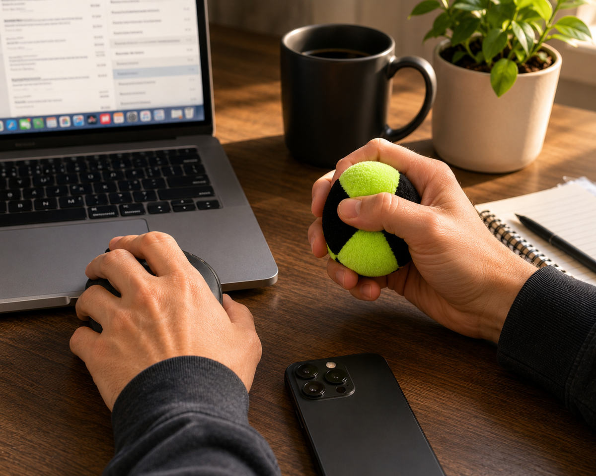 A person's hands holding a black and neon green textured stress ball over a wooden desk, with a laptop, coffee mug, and plant in the background.