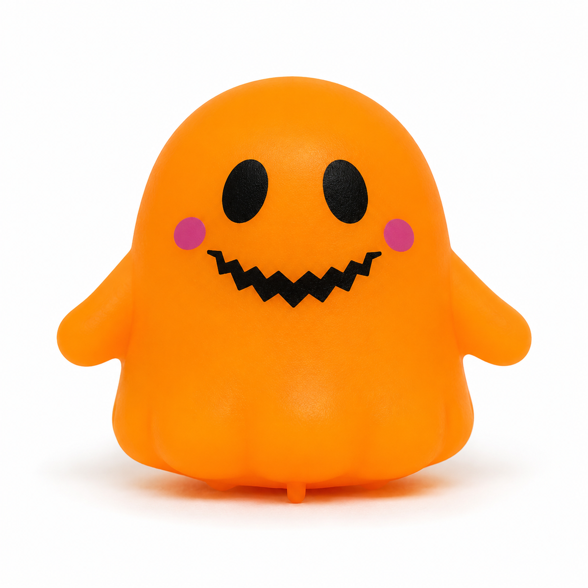 An orange ghost-shaped squishy toy with a black wavy mouth, black eyes, and pink cheeks, photographed on a clean white background.