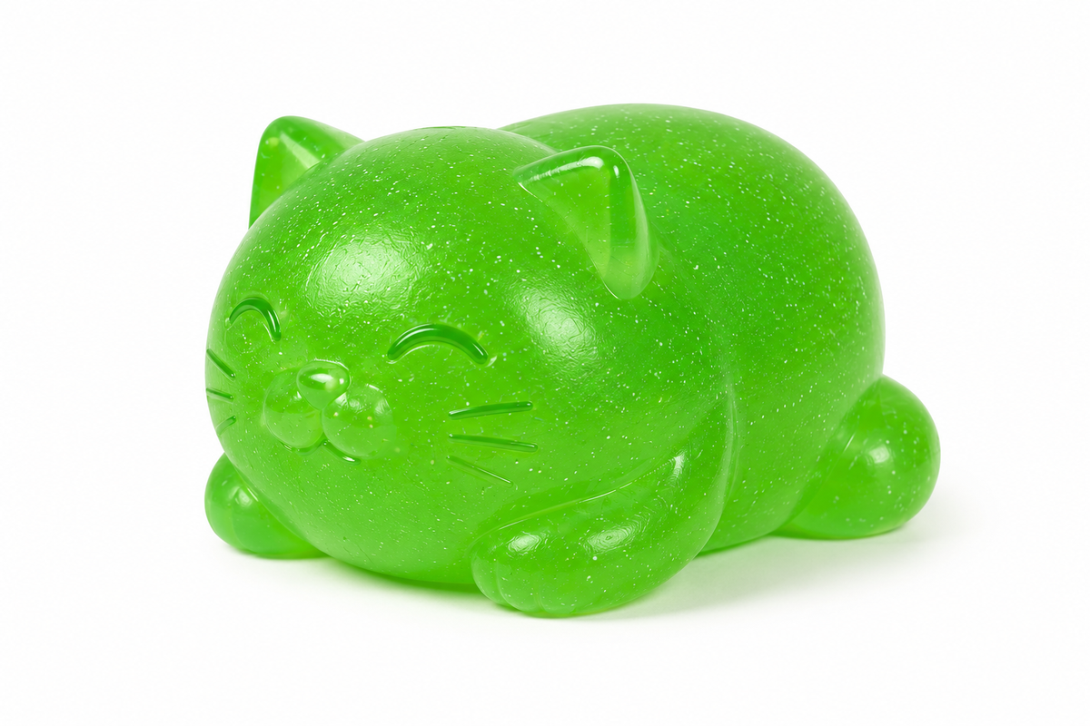A bright green glittery cat-shaped squishy shown in a side profile on a clean white background.