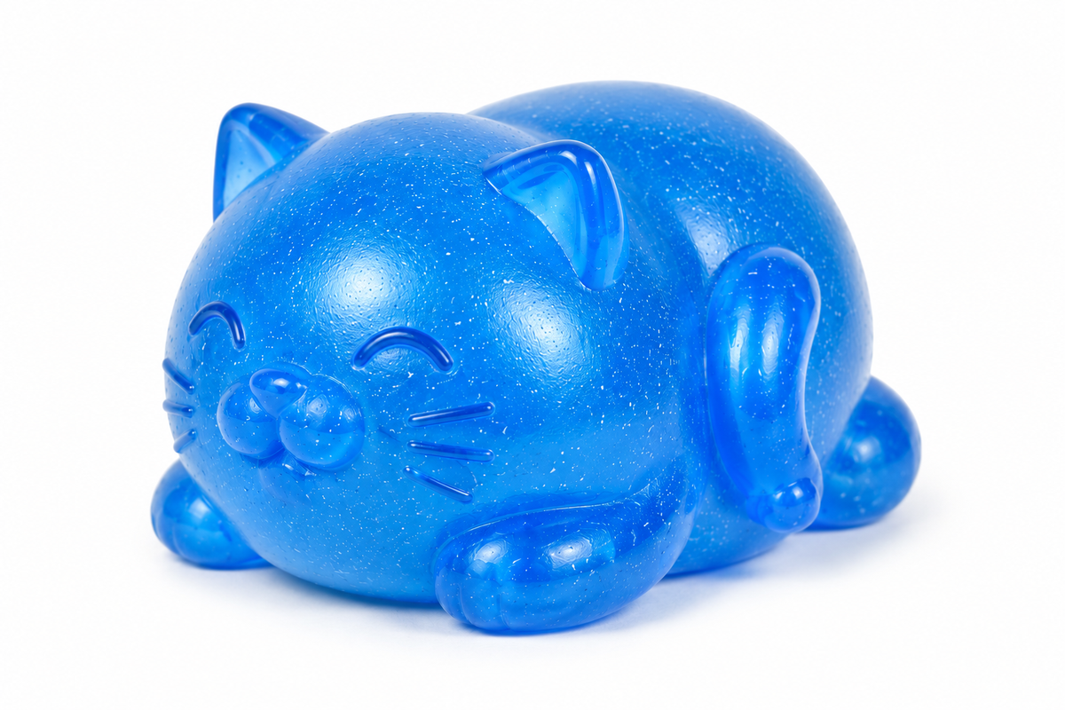 A blue glittery cat squishy lying down, shown on a plain white background.