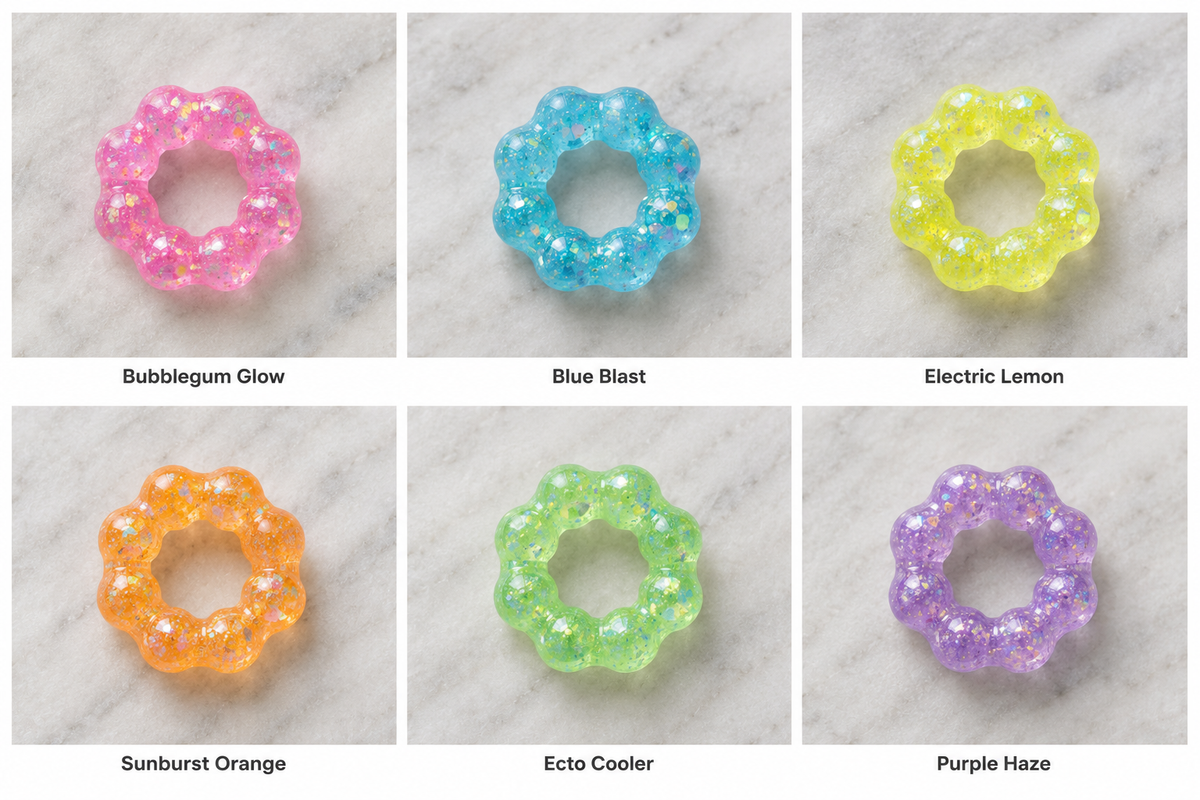 Six colorful squish bracelets in bubblegum glow, blue blast, electric lemon, sunburst orange, ecto cooler, and purple haze on a marble surface.