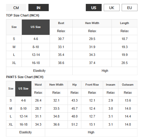 Size chart for tops and pants with measurements in inches.