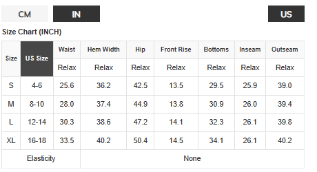 Size chart for clothing measurements in inches with US, IN, and CM columns.