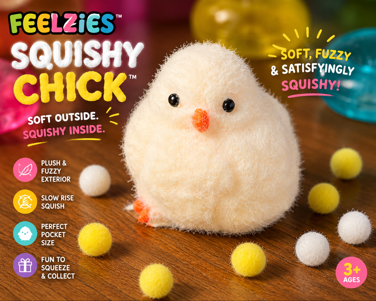 Feelzies Squishy Chick toy on a wooden surface with colorful text describing its features.