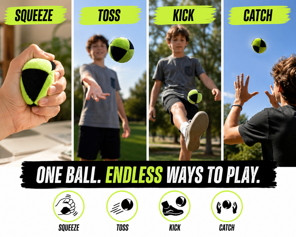 A promotional collage for a small ball toy showing four action panels labeled Squeeze, Toss, Kick, and Catch, plus icons summarizing the玩法. A hand squeezes the ball on the left, and two children play outdoors on the right.