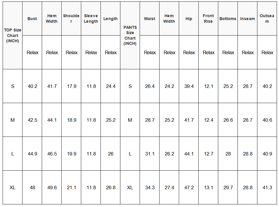 Size chart for tops and pants with measurements in inches