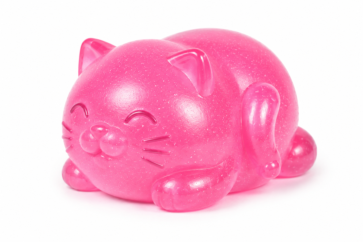 A pink cat squishy with a sleeping expression, featuring subtle glittery speckles, shown on a plain white background.
