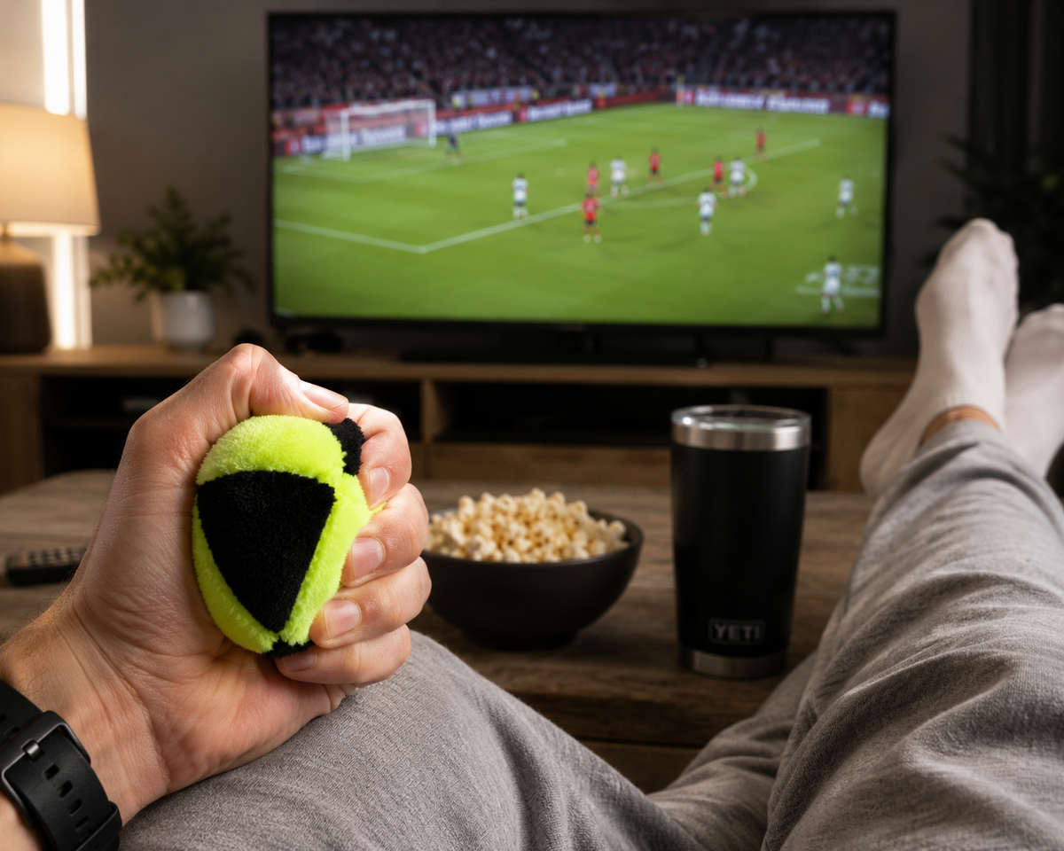 A person relaxes in a living room with their feet up, holding a yellow and black triangular stress ball in their hand while watching a soccer game on the TV. A bowl of popcorn and a black YETI tumbler are on the coffee table in front of them.