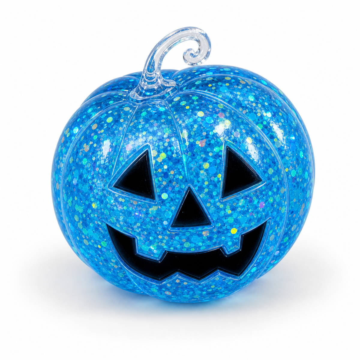 A small blue glitter jack-o'-lantern decoration with a clear stem, featuring black cutout facial features on a white background.